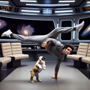 Comedy realistic funny danceehile holding a little puppy  bulldo...