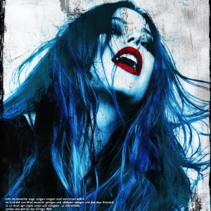 Create an image of a woman who has long, flowing blue hair and p...