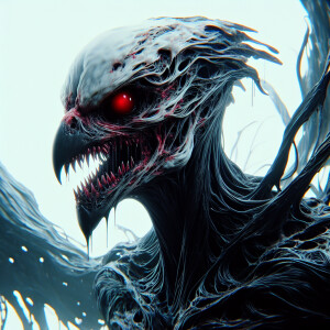 Create an image of a humanoid chicken with an ethereal, shadowy...