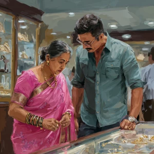 digital painting.a  mature gujarati mother in law in her 50s wea...