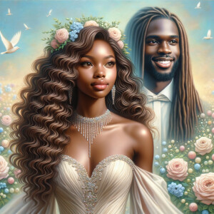 Create a 3-D realistic oil, painting of a beautiful African-American bride. She has long flooring, wavy hair and her gown has beautiful jewels around the neckline. in the background there is a beautiful African-American Jesus Christ with long dreadlocks, and he is smiling. He is very handsome pastel flowers throughout the image.