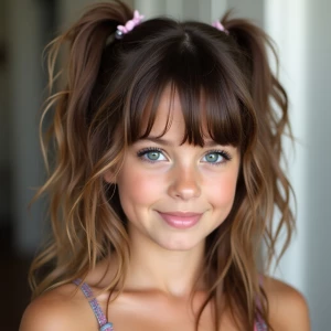 Create a photo of a beautiful girl with a shaggy mullet hairstyl...
