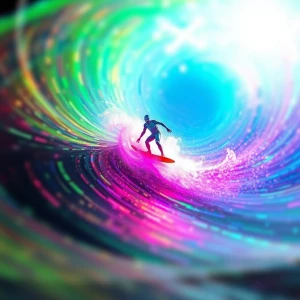 A mystically glowing phosphorescent pulsar surfer glides across...