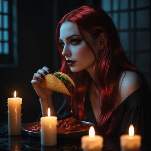 In a dimly lit, candle-filled chamber, a captivating female vamp...