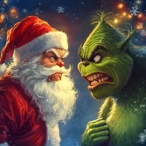 Generate a picture with Santa Claus on the left and the Grinch o...