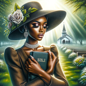 Render an airbrush oil painting of an African American woman with flawless makeup in a
contemplative pose, holding a Bible close to her heart, dressed in an elegant Sunday Best
outfit with a distinctive Church Hat. The background features a peaceful church garden,
with light filtering through the trees, highlighting her spiritual connection and the personal
moment of reflection. The artwork should capture the tranquility of the scene, the beauty
of her attire, and the depth of her contemplation, reflecting a serene and spiritually