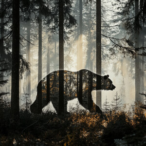 A peaceful forest with tall trees, thick underbrush, and dappled...