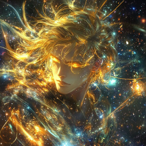 A shape-shifter human with golden hair and glowing eyes transfor...