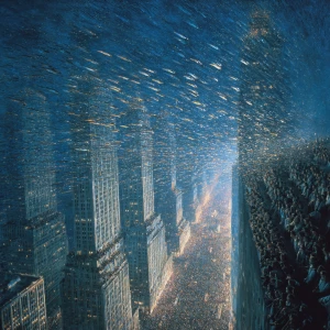 Macroscopic aerial view of New York City skyscrapers, surreal at...