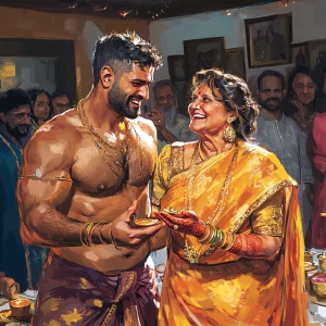 Realistic art 1:1,A muscular, sweaty man joyously celebrates Diw...