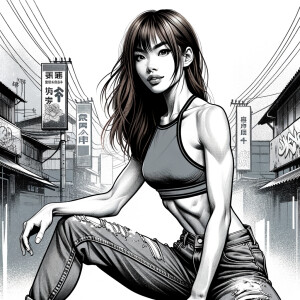 Very thin Athletic Thin skinny Attractive, Asian teenage girl, long brown hair and bangs, wearing tight skinny jeans and a halter top paint marks on her clothing, sitting side view heroic pose Asian graffiti