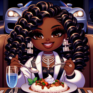 Create an image of a stylish, Chibi-style character, a melanin w...