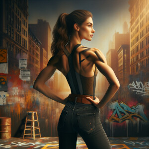 Athletic Thin skinny Attractive, Asian teenage girl, long brown hair and bangs, wearing tight skinny jeans and a halter top paint marks on her clothing, heroic pose Asian graffiti background, backside view