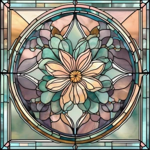 A small stained-glass window design featuring a single flower surrounded by simple geometric shapes in soft pastel tones.