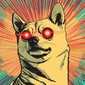 DOGE MEME with red lasers from eyes eyes, blank stare, in the st...
