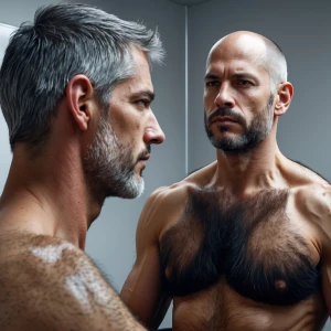 One man has short, gray hair, while the other has a bald head wi...