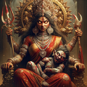 portrait of angry looking goddess durga, sitting on a gold crown...
