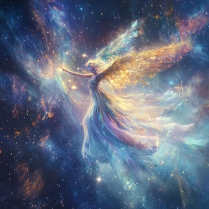 Create an image of a celestial being with glowing wings, floatin...