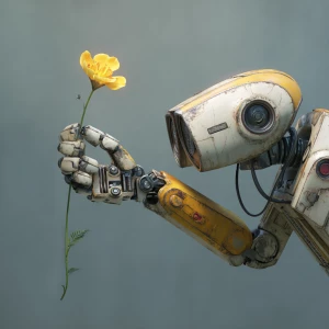 Wall-E robot's hand (arm) touches a flower with a green stem and...