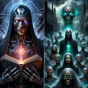 A sinister necromancer, wearing tattered black robes embroidered...