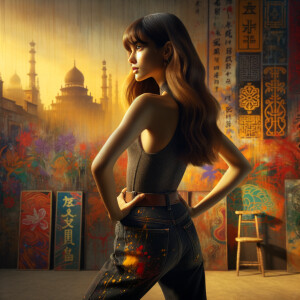 Athletic Thin skinny Attractive, Asian teenage girl, long brown hair and bangs, wearing tight skinny jeans and a halter top paint marks on her clothing, heroic pose Asian graffiti background, backside view