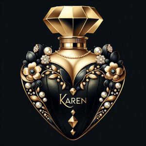 Design a fancy, black and gold bottle of perfume in the shape of a woman’s body. With a golden diamond top, flowers pearls and Diamonds in the name, Karen