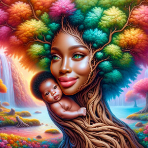 Create a close-up, hyper-realistic 3-D oil painting of a tree wi...