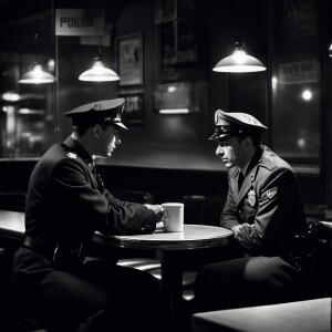 black, white and gray fond noir style art, a pin-up police offic...
