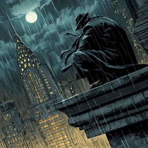 Manga-style noir detective crouched on a rain-slicked Art Deco g...