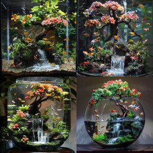 A terrarium with a flowering Bon eye tree.Brightly colored fresh...