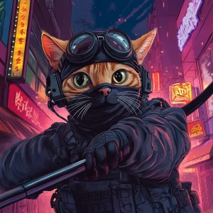 A wide-eyed ginger cat wearing a black tactical balaclava (or ma...