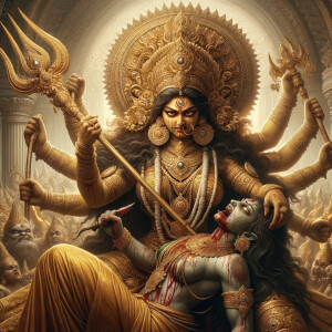 portrait of angry looking goddess durga sitting on a gold crown...