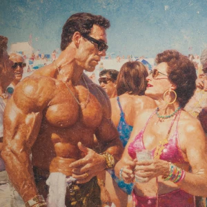Create a hyperrealism painting of a muscular, sweaty American ma...