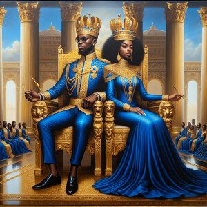 Create a 3-D realistic oil, painting of a African-American Royal...