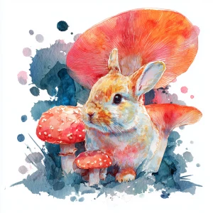 A vibrant illustration of a Rabbit under mushroom, watercolor on...