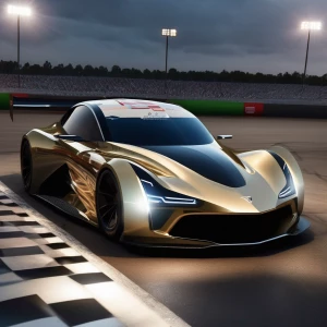 Generate a prompt for a race car so makes between a hybrid Tesla...