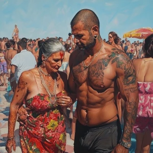 Hyperrealistic painting,,a muscular tattoed pierced man walking...