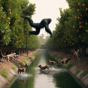 A humanoid with black hair resembling Bigfoot diving from an ora...