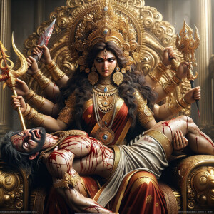 portrait of angry looking goddess durga, sitting on a gold crown and carrying a weak mahishasur on her lap and stabbing him with her amazingly designed trident. She is wearing gold armor, a huge gold crown, red saree, abundant gold jewelry, covered in blood. The scene is set in ancient India. The image is 8K resolution, cinematic, ultra detailed face and epic.