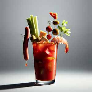 Create an image of a Bloody Mary drink. In a tall pint glass wit...