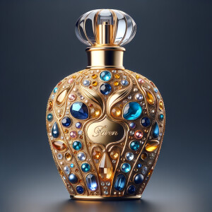 Create a 3-D realistic gold and blue, colorful jewels perfume b...