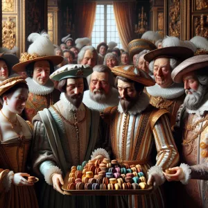 A historical scene depicting Venetians presenting macarons to th...