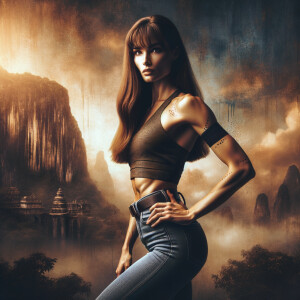 Athletic Thin skinny Attractive, Asian teenage girl, long brown hair and bangs, wearing tight skinny jeans and a halter top paint marks on her clothing, heroic pose Asian graffiti background, side view