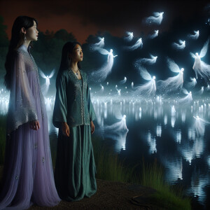 Two girls are standing by the lake at night and souls are flying...