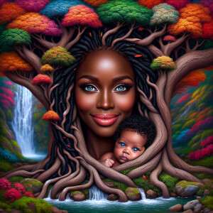 Create a close-up, hyper-realistic 3-D oil painting of a tree wi...