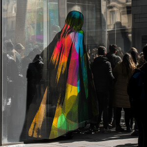 A crowd huddles on the monochrome street, their attention fixed...