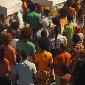 Panoramic outdoor scene featuring a predominantly female group o...