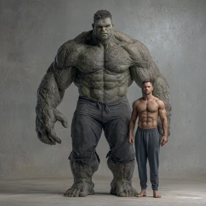 Create an image featuring a large, muscled figure with exaggerat...