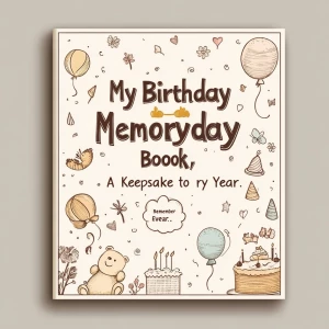 A 6x9 inch book cover with a soft, warm cream-colored background with a subtle paper-like texture. The main title, "My Birthday Memory Book," is centered in large, handwritten-style font in deep brown. Below it, in smaller serif font and in muted gold, is the subtitle: "A Keepsake to Remember Every Year." Surrounding the title are hand-drawn doodles in warm pastel tones (soft pink, muted blue, gentle yellow): a small baby rattle in the top left, a teddy bear sitting at the bottom left, a tiny birthday cake with a candle in the bottom right, and a floating balloon in the top right. Dotted lines in light brown gently connect these elements, creating a trail-like pattern. The cover is minimalist, with soft shadows to add depth but no harsh contrasts.