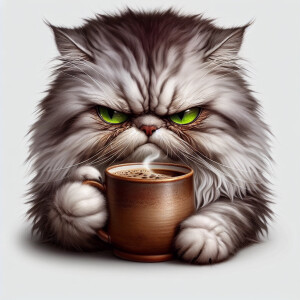A grumpy cat holding a coffee cup